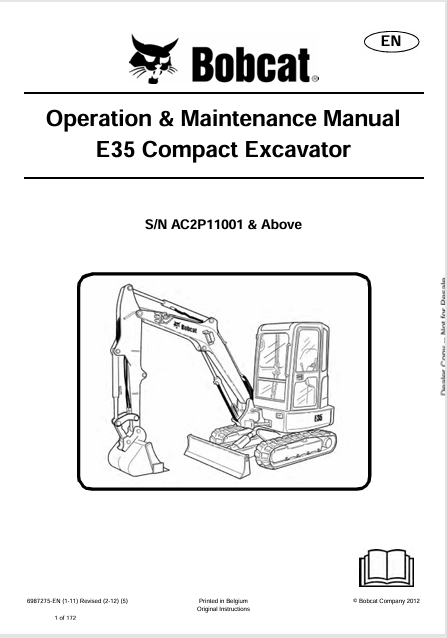 Discover the comprehensive operation and maintenance manual for the Bobcat E35 Compact Excavator. Download the PDF file for essential insights and guidelines.