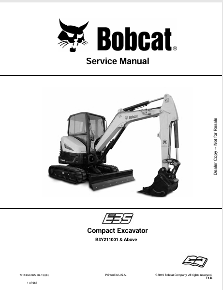 Discover the comprehensive service manual for the BOBCAT E35 Compact Excavator (7311302). Download the PDF for expert maintenance and repair guidance.