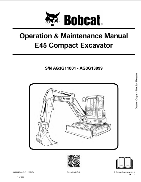 Discover the comprehensive operation and maintenance manual for the Bobcat E45 Compact Excavator. Download the PDF file for essential insights and guidelines.