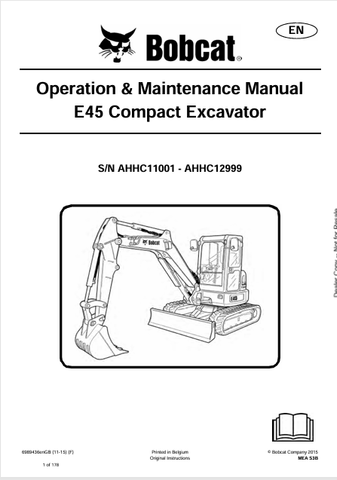  Discover the comprehensive operation and maintenance manual for the Bobcat E45 Compact Excavator. Download the PDF file for essential insights and guidelines.