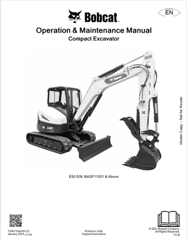 Discover the comprehensive operation and maintenance manual for the Bobcat E50 Compact Excavator. Download the PDF file for essential insights and guidelines.