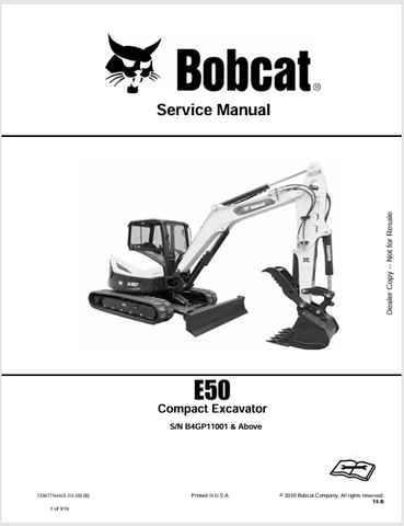 Discover the comprehensive service manual for the BOBCAT E50 Compact Excavator (7336771). Download the PDF for expert maintenance and repair guidance.