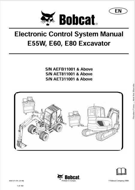 Discover the comprehensive electronic control system manual for BOBCAT E55W, E60, and E80 excavators. Download the PDF file for essential insights and guidance.