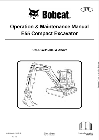 Discover the comprehensive operation and maintenance manual for the Bobcat E55 Compact Excavator (6990450). Download the PDF for essential insights and guidelines.