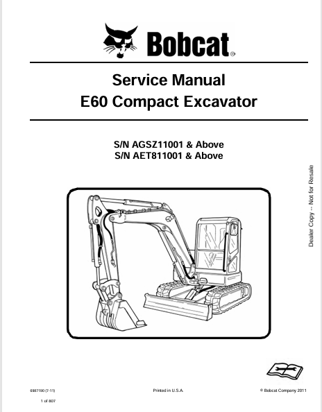 Discover the comprehensive service manual for the BOBCAT E60 Compact Excavator (6987190). Download the PDF for expert maintenance and repair guidance.
