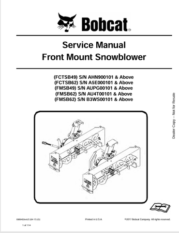 Access the comprehensive service manual for BOBCAT FCTSB49, FCTSB62, FMSB49, and FMSB62 front mount snowblowers. Download the PDF for expert guidance.