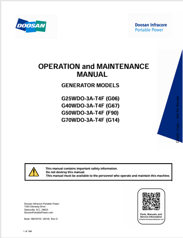  Discover comprehensive operation and maintenance manuals for BOBCAT G25WDO, G40WDO, G50WDO, and G70WDO generator models. Download the PDF now!