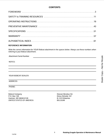 BOBCAT GRAPPLE (6901783) OPERATION & MAINTENANCE MANUAL PDF FILE