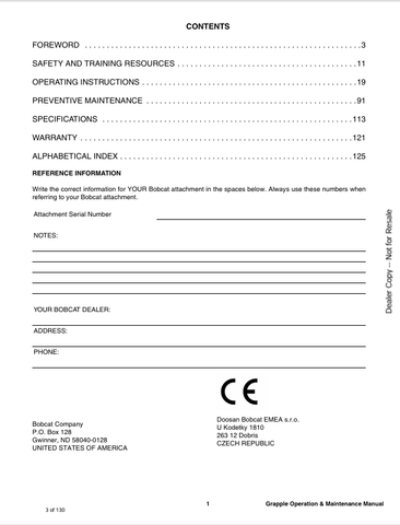 BOBCAT GRAPPLE (6987210ENUS) OPERATION & MAINTENANCE MANUAL PDF FILE