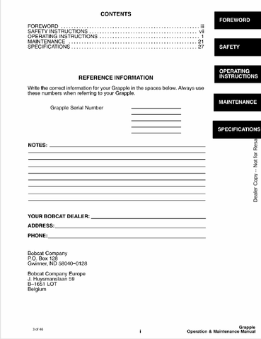 BOBCAT GRAPPLE 90 (690138ENUS) OPERATION & MAINTENANCE MANUAL PDF FILE