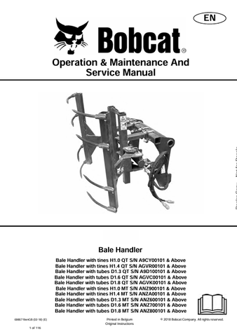 Discover the comprehensive operation and maintenance manual for BOBCAT bale handlers. Download the PDF for H1.0, H1.4, D1.3, D1.6, and D1.8 models.