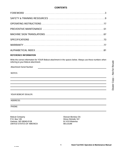 BOBCAT HAND TOOL RAC (6901404) OPERATION & MAINTENANCE MANUAL PDF FILE