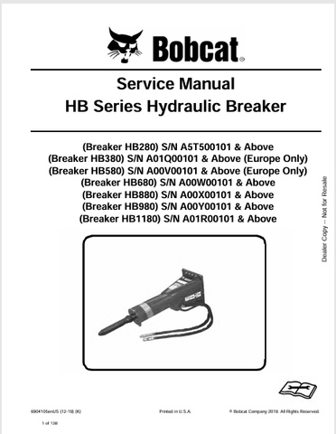 Discover the comprehensive service manual for BOBCAT HB series hydraulic breakers (HB280, HB380, HB580, HB680, HB880, HB980, HB1180). Download the PDF now!