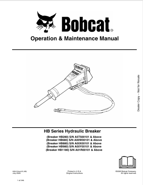 Discover the comprehensive operation and maintenance manual for BOBCAT HB series hydraulic breakers. Download the PDF for HB280, HB680, HB880, HB980, and HB1180.