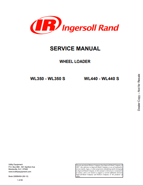 Discover the comprehensive service manual for the Bobcat IR Ingersoll Rand Wheel Loader (22856454). Download the PDF for expert maintenance and repair guidance.