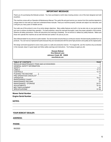 BOBCAT KAW (4178822ENUS) OPERATION & MAINTENANCE MANUAL PDF FILE