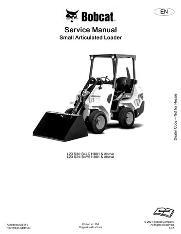 Unlock the full potential of your BOBCAT L23 with the comprehensive Service Manual (Part Number: 7389393). This PDF file is designed for models B4LC11001 & UP and B4Y511001 & UP, providing you with detailed instructions, diagrams, and troubleshooting tips to keep your equipment running smoothly. Whether you're a seasoned technician or a DIY enthusiast, this manual is an essential resource for maintenance and repairs, ensuring optimal performance and longevity of your machine. Don't miss out on the opportuni