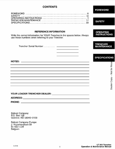 BOBCAT LT203 (6900969) OPERATION AND MAINTENANCE MANUAL PDF FILE