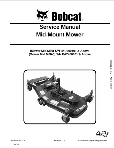 Discover the comprehensive service manual for the BOBCAT M60 and M60-5 mid-mount mowers. Download the PDF file (7376996) for expert maintenance guidance.