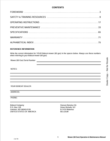 BOBCAT MOWER 60GAS (6904729) OPERATION & MAINTENANCE MANUAL PDF FILE
