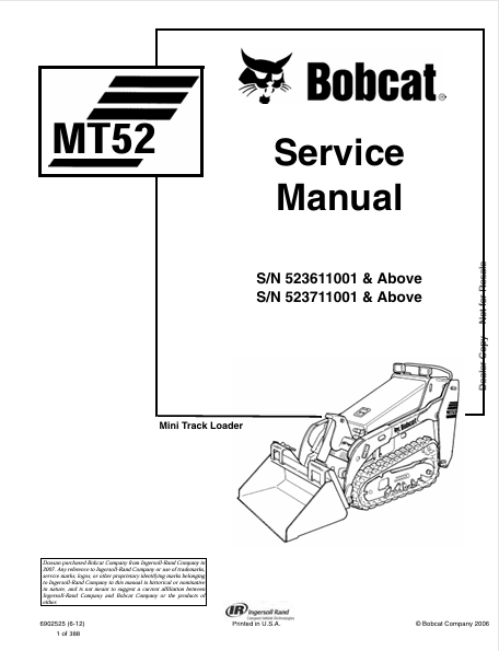  Discover the comprehensive service manual for the BOBCAT MT52 Mini Track Loader (6902525). Download the PDF for expert maintenance and repair guidance.