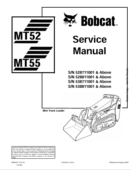 Discover the comprehensive service manual for BOBCAT MT52 and MT55 mini track loaders. Download the PDF file (6903372) for essential maintenance and repair guidance.