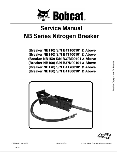 Discover the comprehensive service manual for BOBCAT NB series nitrogen breakers (NB110 to NB180). Download the PDF file for expert maintenance guidance.