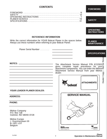 BOBCAT PLANER (6722362) OPERATION & MAINTENANCE MANUAL PDF FILE