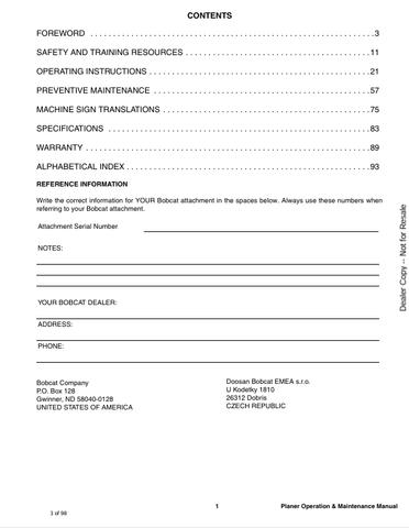 BOBCAT PLANER (6989704ENUS) OPERATION & MAINTENANCE MANUAL PDF FILE