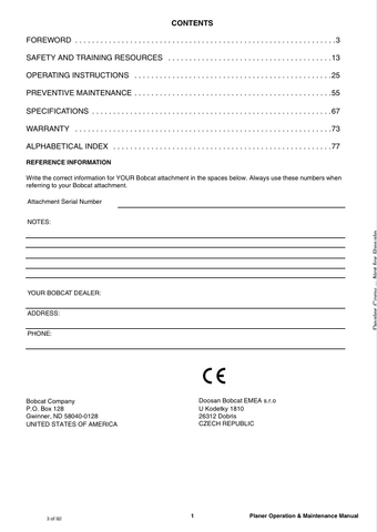 BOBCAT PLANER (6990954ENGB) OPERATION & MAINTENANCE MANUAL PDF FILE