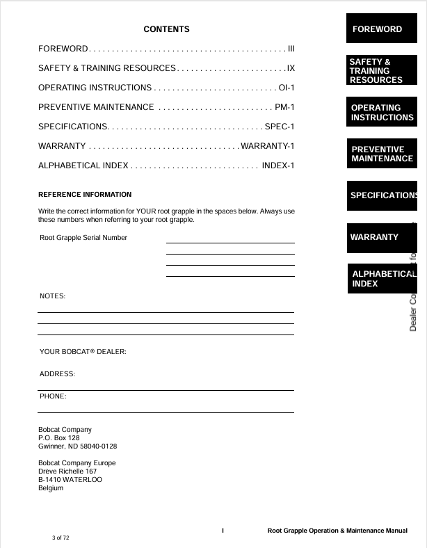 BOBCAT ROOT GRAPPLE (6903287) OPERATION & MAINTENANCE MANUAL PDF FILE
