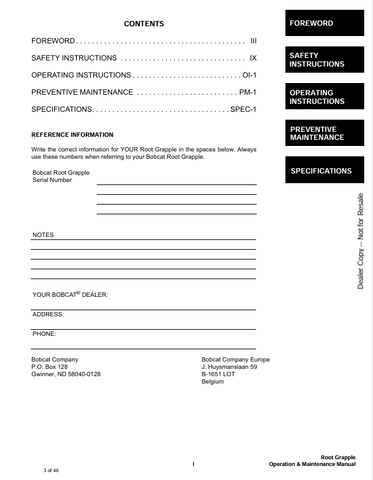 BOBCAT ROOT GRAPPLE (6904854) OPERATION & MAINTENANCE MANUAL PDF FILE