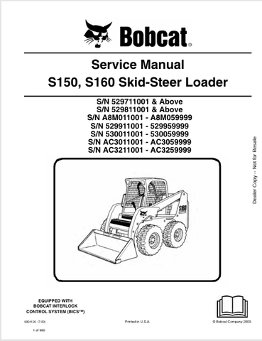 Access the complete service manual for BOBCAT S150 and S160 skid-steer loaders. Download the PDF file (6904126) for expert maintenance and repair guidance.