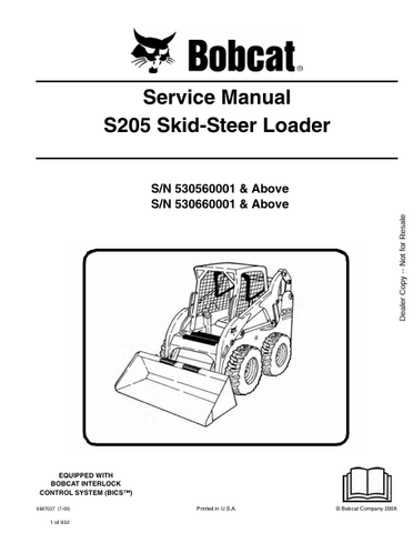 Access the comprehensive service manual for the BOBCAT S205 Skid-Steer Loader (6987037) in PDF format. Get expert guidance for maintenance and repairs.