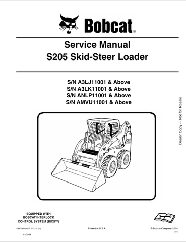  Access the comprehensive service manual for the BOBCAT S205 Skid-Steer Loader (6987050) in PDF format. Get expert maintenance tips and troubleshooting guidance.