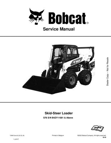 Unlock the full potential of your BOBCAT S76 Loader with the comprehensive Service Manual (Part Number: 7399012). This PDF file is an essential resource for maintenance and repair, providing detailed diagrams, troubleshooting tips, and step-by-step instructions tailored for models B4ZY11001 and up. Ensure your equipment runs smoothly and efficiently, saving you time and money on costly repairs. Invest in this manual today and keep your loader in peak condition for all your heavy duty tasks.