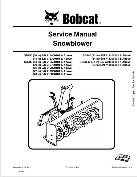Discover the comprehensive service manual for BOBCAT SB150, SB200, SB240, and SBX240 snowblowers. Download the PDF file for expert maintenance tips.