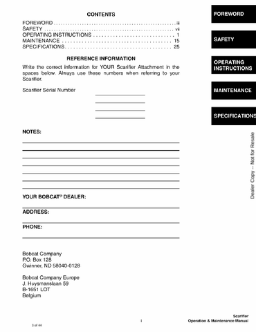 BOBCAT SCARIFIER (6901267) OPERATION AND MAINTENANCE MANUAL PDF FILE