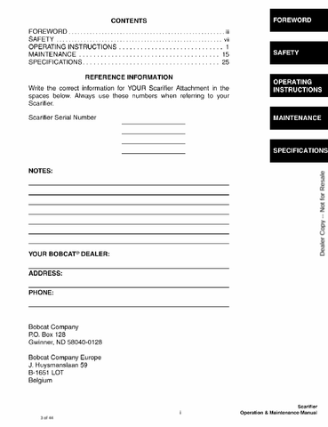 BOBCAT SCARIFIER (6901267) OPERATION & MAINTENANCE MANUAL PDF DOWNLOAD