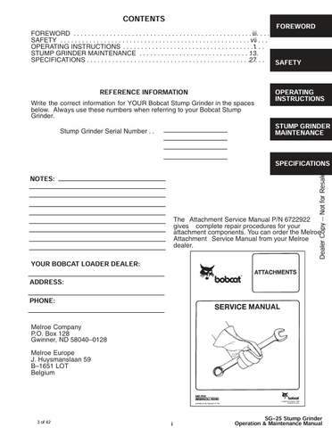 BOBCAT SG-25 (6724382) OPERATION AND MAINTENANCE MANUAL PDF FILE