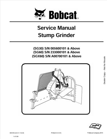 Discover the comprehensive service manual for BOBCAT SG30, SG60, and SGX60 stump grinders. Download the PDF file for expert maintenance and repair guidance.