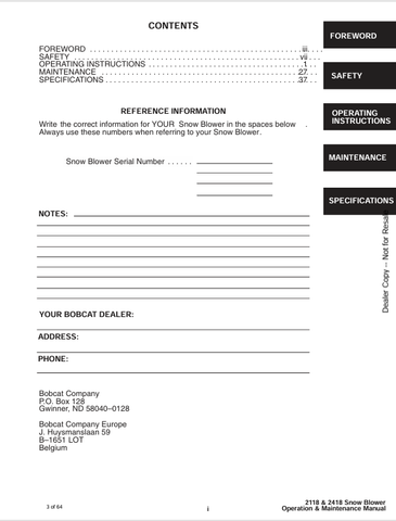 BOBCAT SNOW BLOWER (6901170) OPERATION AND MAINTENANCE MANUAL PDF FILE