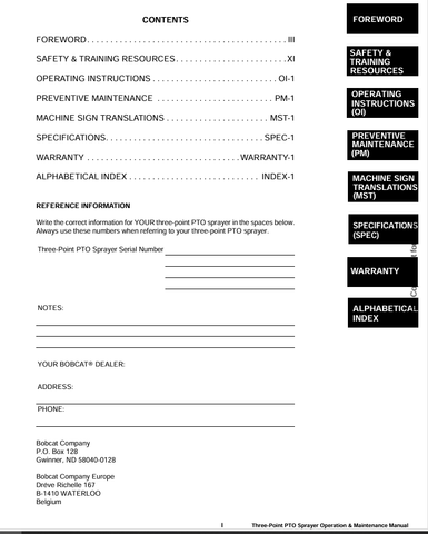 BOBCAT SPRAYER 3PT (6986904) OPERATION AND MAINTENANCE MANUAL PDF FILE