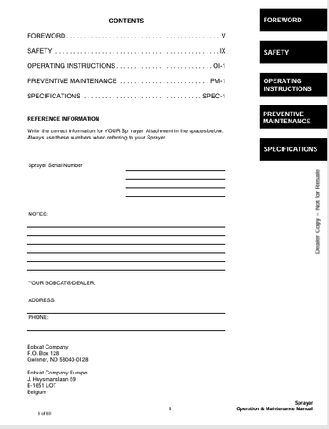 BOBCAT SPRAYER (6902627) OPERATION AND MAINTENANCE MANUAL PDF FILE