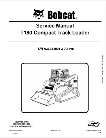 Access the complete service manual for the BOBCAT T180 Compact Track Loader (6987051) in PDF format. Get expert guidance for maintenance and repairs today!