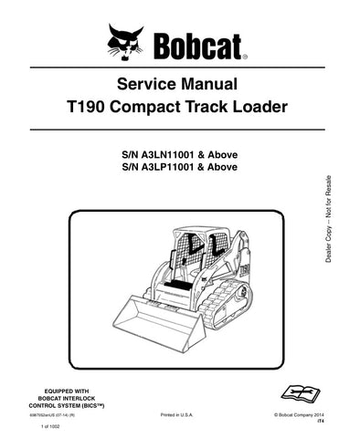 Unlock the full potential of your BOBCAT T190 with the comprehensive Service Manual (Part Number: 6987052). This PDF file is an essential resource for maintenance and repair, covering models A3LN11001, A3LP11001, and up. With detailed diagrams, step-by-step instructions, and troubleshooting tips, you can ensure your equipment runs smoothly and efficiently. Invest in this manual today to save time and money on repairs while extending the life of your machine.