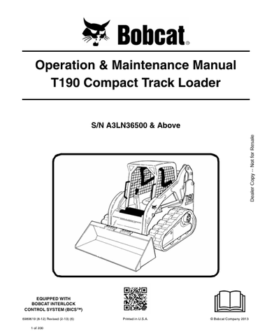 Discover the comprehensive BOBCAT T190 Compact Track Loader Operation & Maintenance Manual (6989619). Download the PDF for expert guidance and tips.