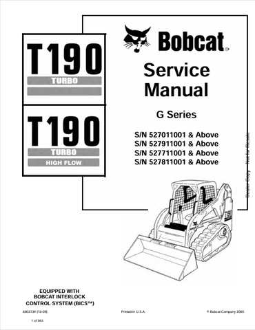  Discover the comprehensive service manual for the BOBCAT T190 Turbo and T190 Turbo High Flow G Series. Download the PDF file for expert maintenance tips.