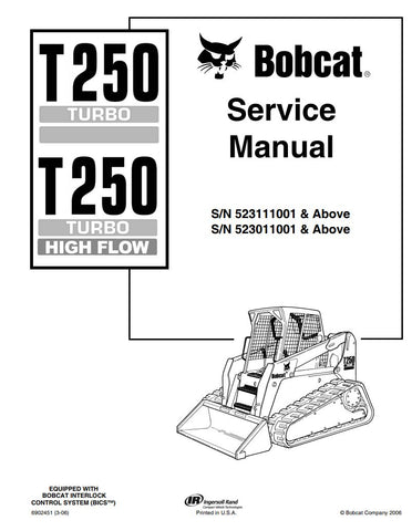 Unlock the full potential of your BOBCAT T250 with the comprehensive Service Manual (Part Number: 6902451). This PDF file is an essential resource for maintenance and repair, covering models 523111001, 523011001, and newer. With detailed diagrams, step-by-step instructions, and troubleshooting tips, you'll ensure your equipment runs smoothly and efficiently. Invest in this manual today to save time and money on repairs while extending the life of your machine.