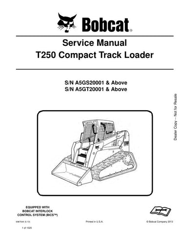 nhance your maintenance capabilities with the BOBCAT T250 Compact Track Loader Service Manual (Part Numbers A5GS20001, A5GT20001 & UP). This comprehensive PDF file provides detailed insights into the operation, troubleshooting, and repair of your equipment, ensuring optimal performance and longevity. With easy navigation and clear illustrations, this manual is an essential resource for both professionals and DIY enthusiasts looking to keep their BOBCAT T250 running smoothly. Invest in your machinery's